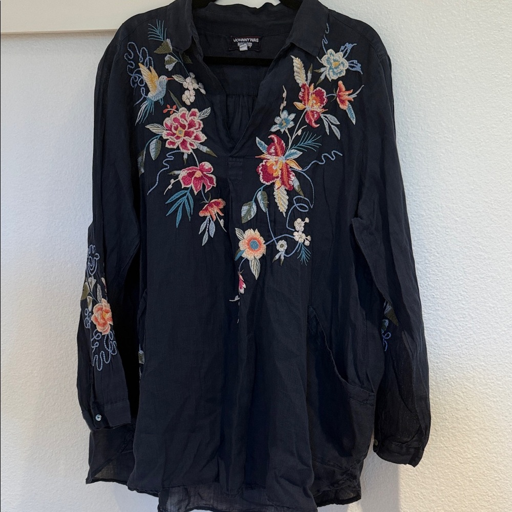 Johnny Was Dark Blouse with Vibrant Floral Embroidery